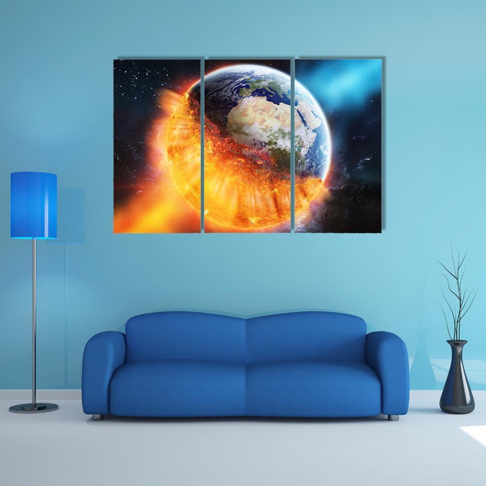 View Of Planet Earth Burning In Space Canvas Wall Art-3 Horizontal-Gallery Wrap-37" x 24"-Tiaracle