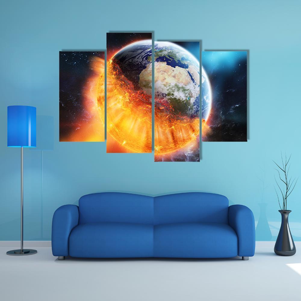 View Of Planet Earth Burning In Space Canvas Wall Art-4 Pop-Gallery Wrap-50" x 32"-Tiaracle