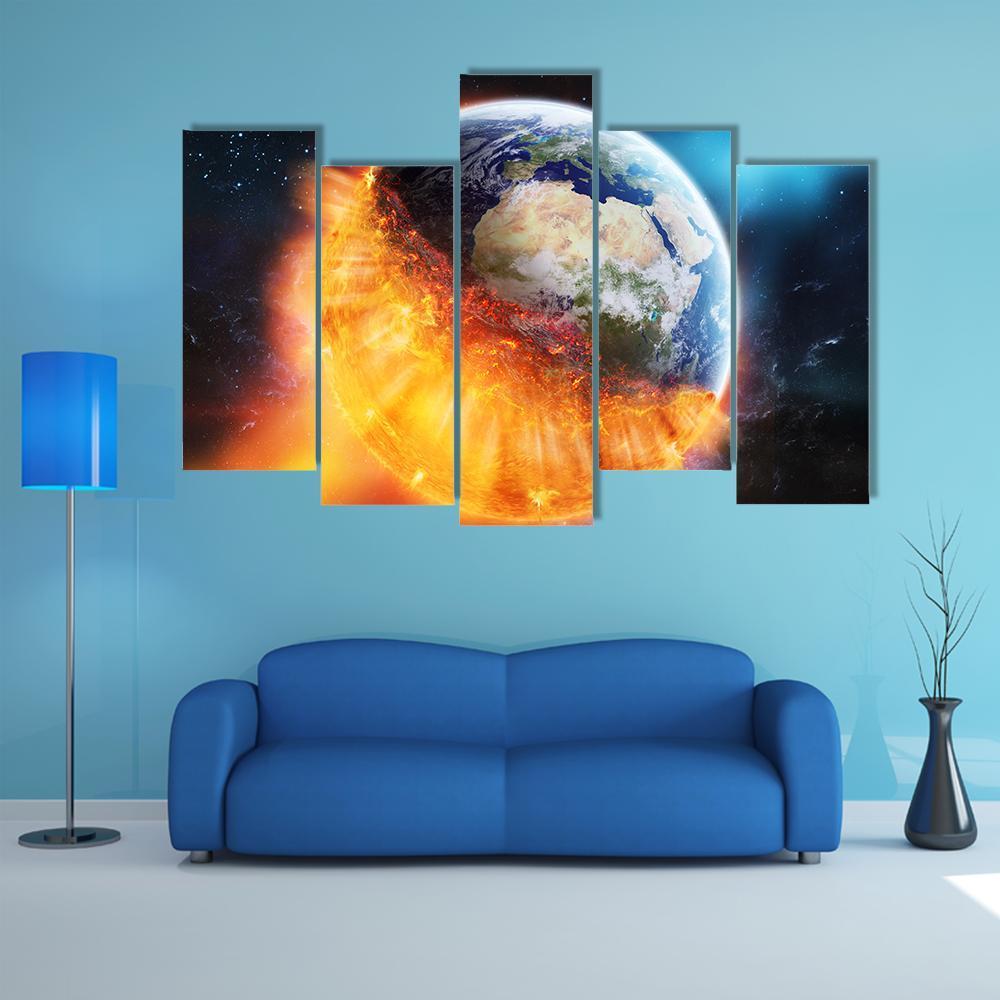 View Of Planet Earth Burning In Space Canvas Wall Art-5 Pop-Gallery Wrap-47" x 32"-Tiaracle