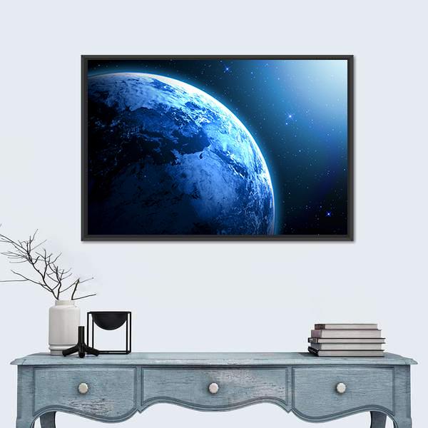 View of Planet from Space Canvas Wall Art in black and blue, framed canvas, product view on a white background