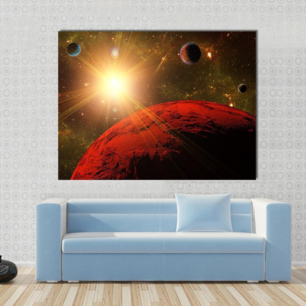 View of Planet Moons and the Deep Space Canvas Wall Art in black, red and yellow, single panel hung on a wall