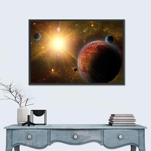 View Of Planet Moons And The Universe Canvas Wall Art-1 Piece-Floating Frame-24" x 16"-Tiaracle