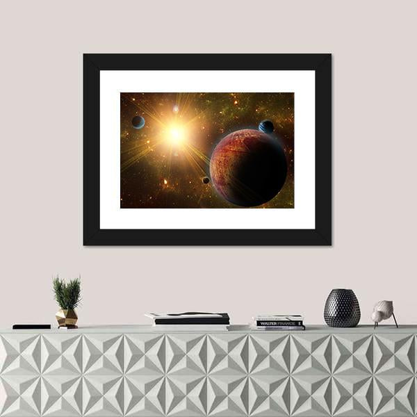 View Of Planet Moons And The Universe Canvas Wall Art-1 Piece-Framed Print-20" x 16"-Tiaracle