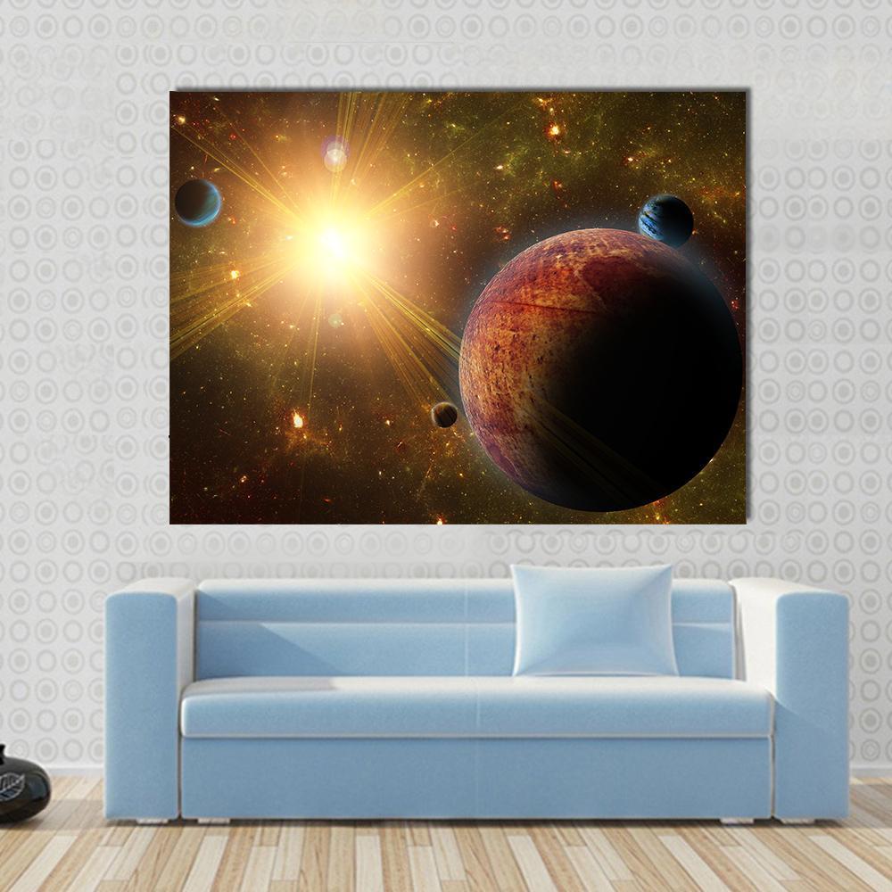 Red Planet, Moons, and Radiant Starfield Canvas Wall Art in black, red and yellow, single panel hung on a wall