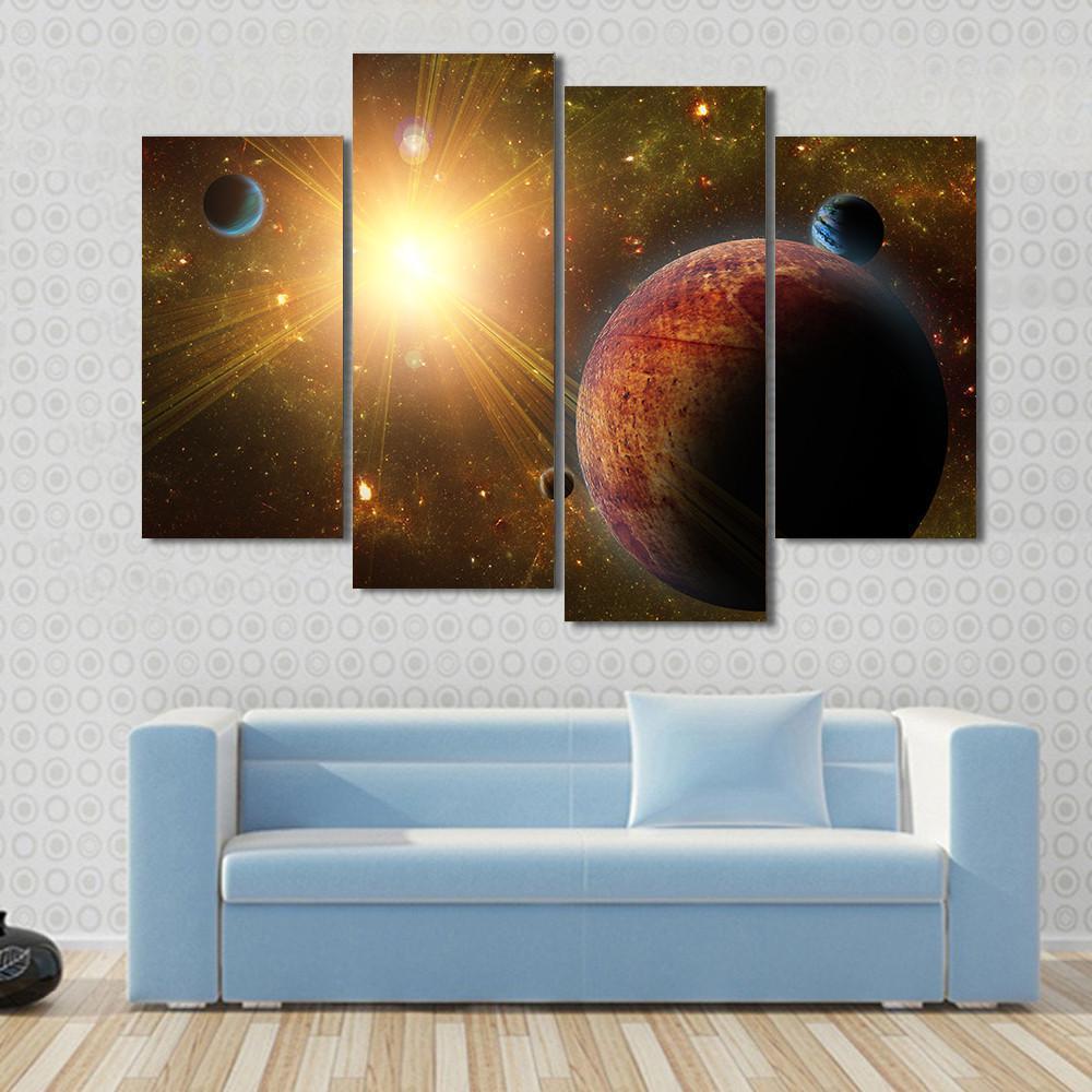 View Of Planet Moons And The Universe Canvas Wall Art-4 Pop-Gallery Wrap-50" x 32"-Tiaracle
