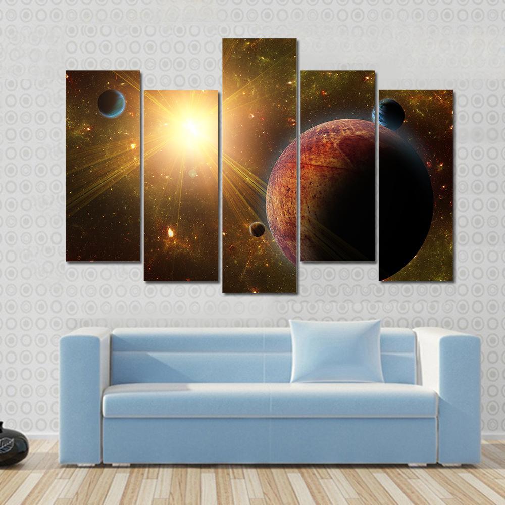 View Of Planet Moons And The Universe Canvas Wall Art-5 Pop-Gallery Wrap-47" x 32"-Tiaracle