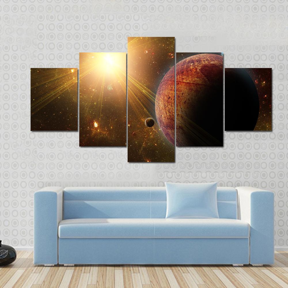 View Of Planet Moons And The Universe Canvas Wall Art-5 Star-Gallery Wrap-62" x 32"-Tiaracle