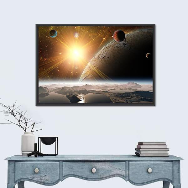 View Of Planet Moons And Universe Canvas Wall Art-1 Piece-Floating Frame-24" x 16"-Tiaracle