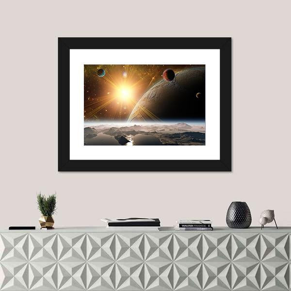 View Of Planet Moons And Universe Canvas Wall Art-1 Piece-Framed Print-20" x 16"-Tiaracle