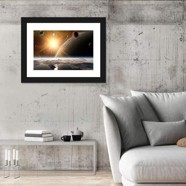 View Of Planet Moons And Universe Canvas Wall Art-3 Horizontal-Gallery Wrap-25" x 16"-Tiaracle