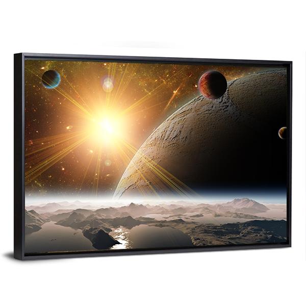 View Of Planet Moons And Universe Canvas Wall Art-3 Horizontal-Gallery Wrap-25" x 16"-Tiaracle