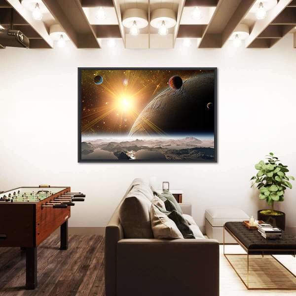 View Of Planet Moons And Universe Canvas Wall Art-3 Horizontal-Gallery Wrap-25" x 16"-Tiaracle