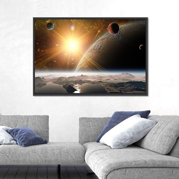 View Of Planet Moons And Universe Canvas Wall Art-3 Horizontal-Gallery Wrap-25" x 16"-Tiaracle