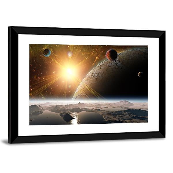 View Of Planet Moons And Universe Canvas Wall Art-3 Horizontal-Gallery Wrap-25" x 16"-Tiaracle