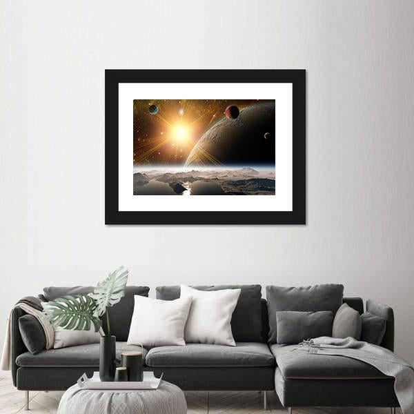 View Of Planet Moons And Universe Canvas Wall Art-3 Horizontal-Gallery Wrap-25" x 16"-Tiaracle