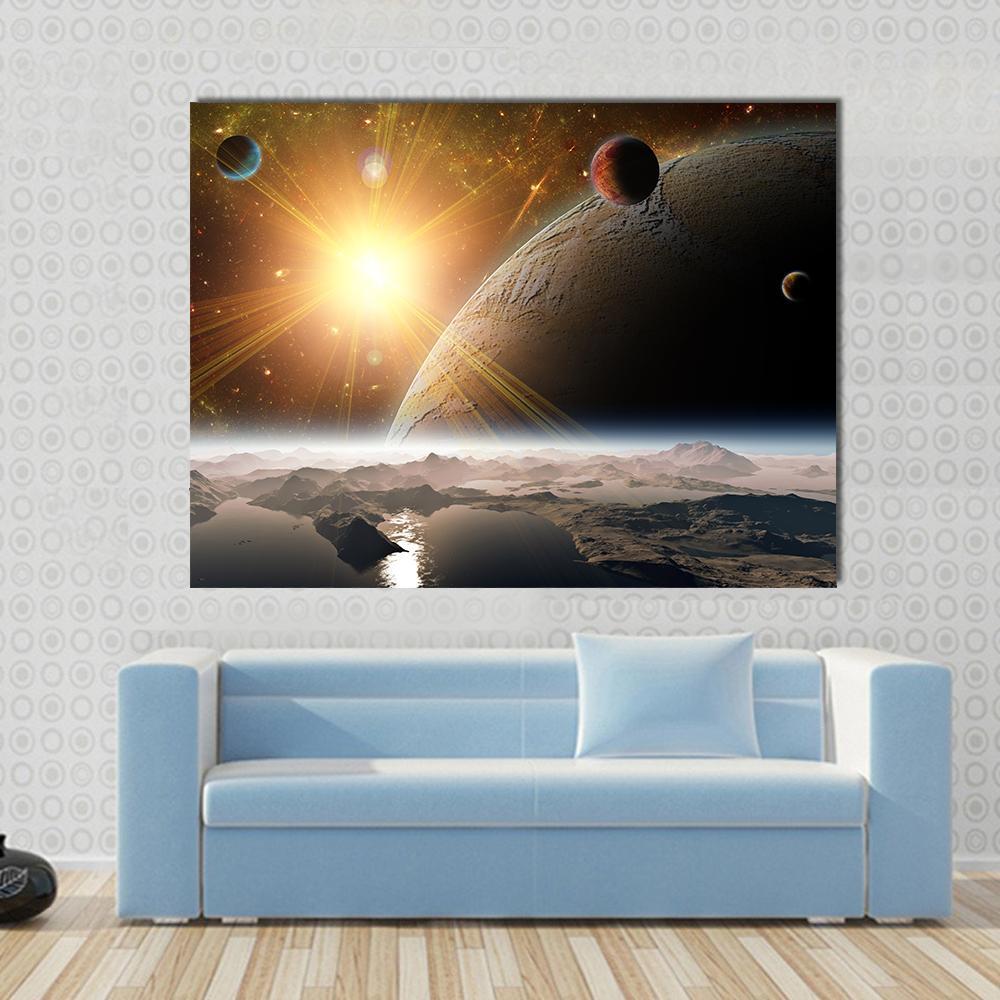 View of Planet Moons and Universe Canvas Wall Art in black, orange and yellow, single panel hung on a wall
