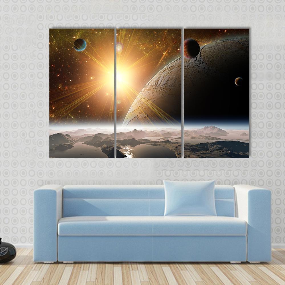 View Of Planet Moons And Universe Canvas Wall Art-3 Horizontal-Gallery Wrap-37" x 24"-Tiaracle