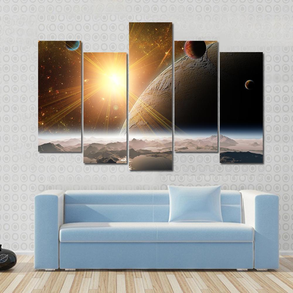 View Of Planet Moons And Universe Canvas Wall Art-5 Pop-Gallery Wrap-47" x 32"-Tiaracle