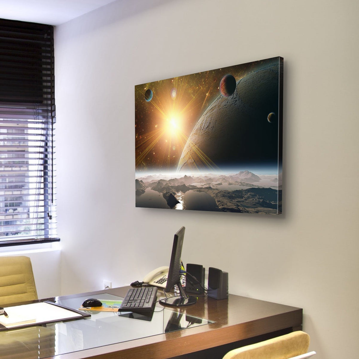 View Of Planet Moons And Universe Canvas Wall Art-3 Horizontal-Gallery Wrap-25" x 16"-Tiaracle