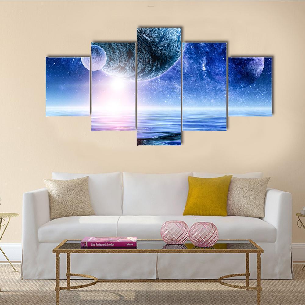 View Of Planets In Deep Space Canvas Wall Art-5 Star-Gallery Wrap-62" x 32"-Tiaracle