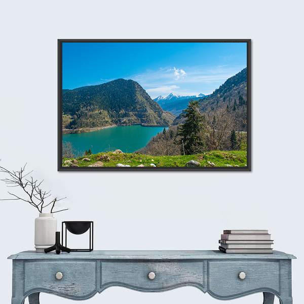 View of Plastiras Lake Canvas Wall Art in brown, green and blue, framed canvas, product view on a white background