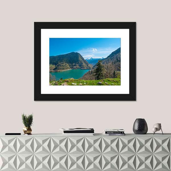 View Of Plastiras Lake In Greece Canvas Wall Art-1 Piece-Framed Print-20" x 16"-Tiaracle