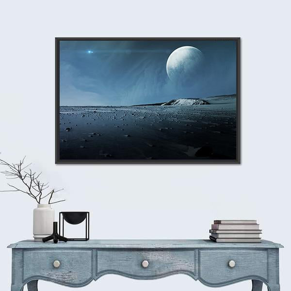 View of Pluto from Charon Canvas Wall Art in black, gray and blue, framed canvas, product view on a white background