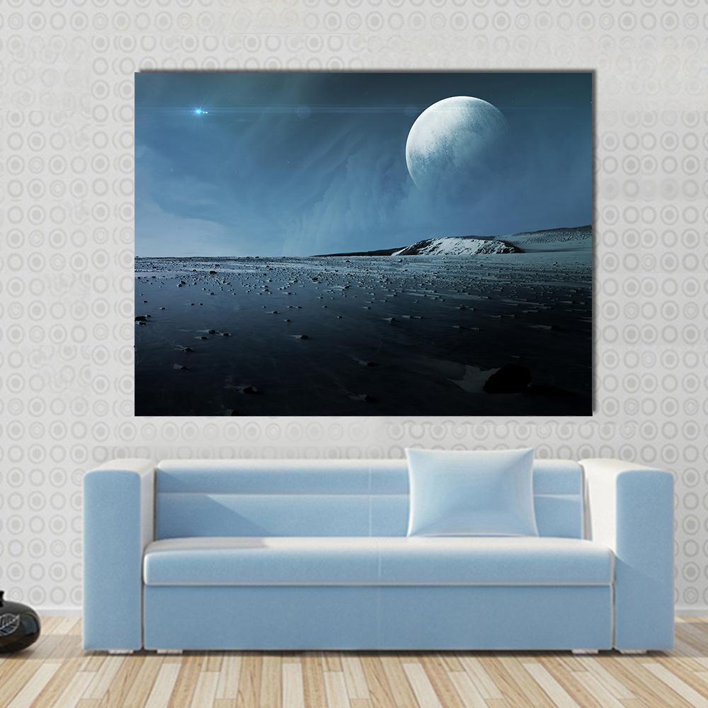 View of Pluto from Charon Canvas Wall Art in black, gray and blue, single panel hung on a wall