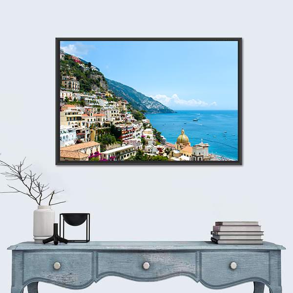 View Of Positano Town On The Amalfi Coast Canvas Wall Art-1 Piece-Floating Frame-24" x 16"-Tiaracle