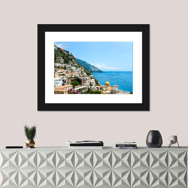 View Of Positano Town On The Amalfi Coast Canvas Wall Art-1 Piece-Framed Print-20" x 16"-Tiaracle