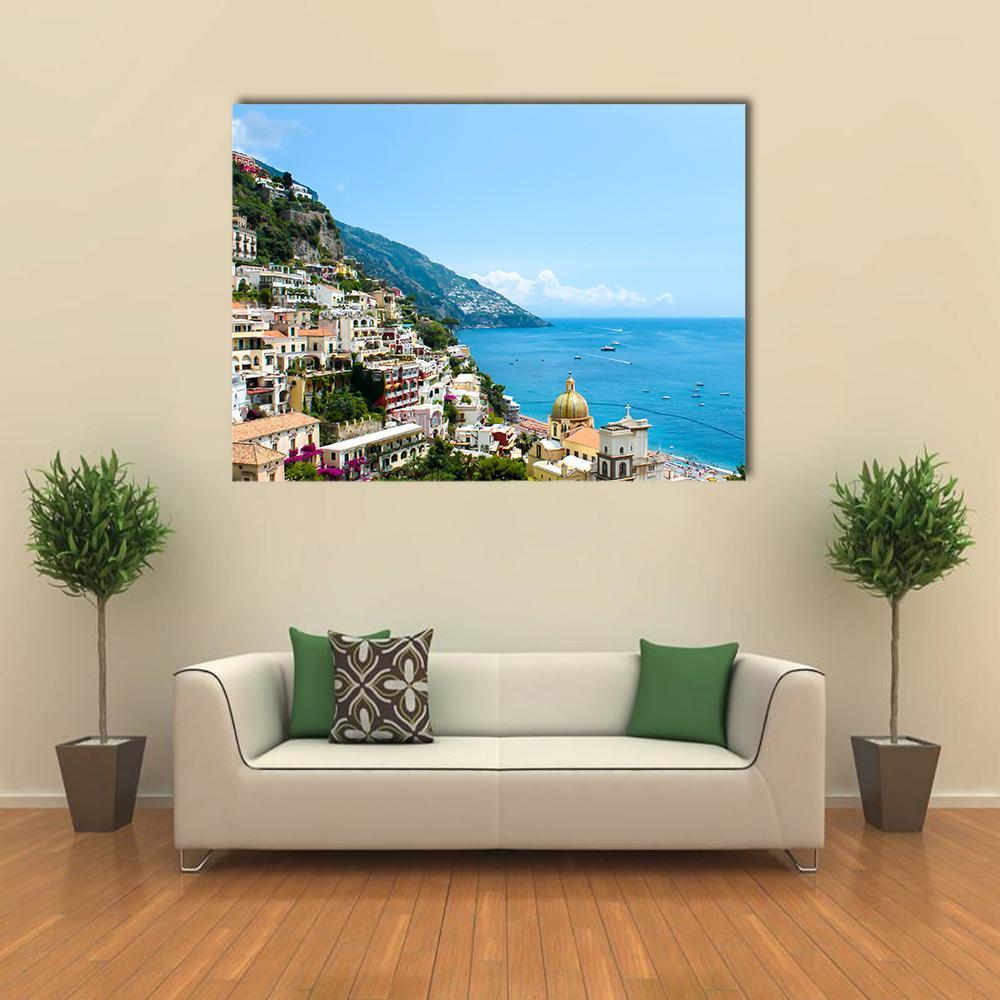 Positano on the Amalfi Coast Canvas Wall Art in white, beige and blue, single panel hung on a wall