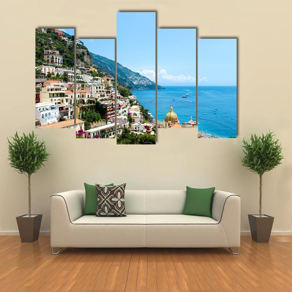 View Of Positano Town On The Amalfi Coast Canvas Wall Art-5 Pop-Gallery Wrap-47" x 32"-Tiaracle