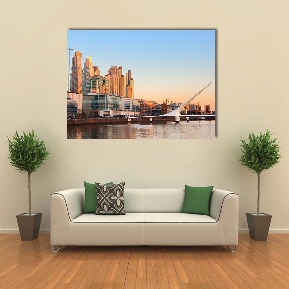 Puerto Madero at Golden Hour Canvas Wall Art in orange, yellow and blue, single panel hung on a wall