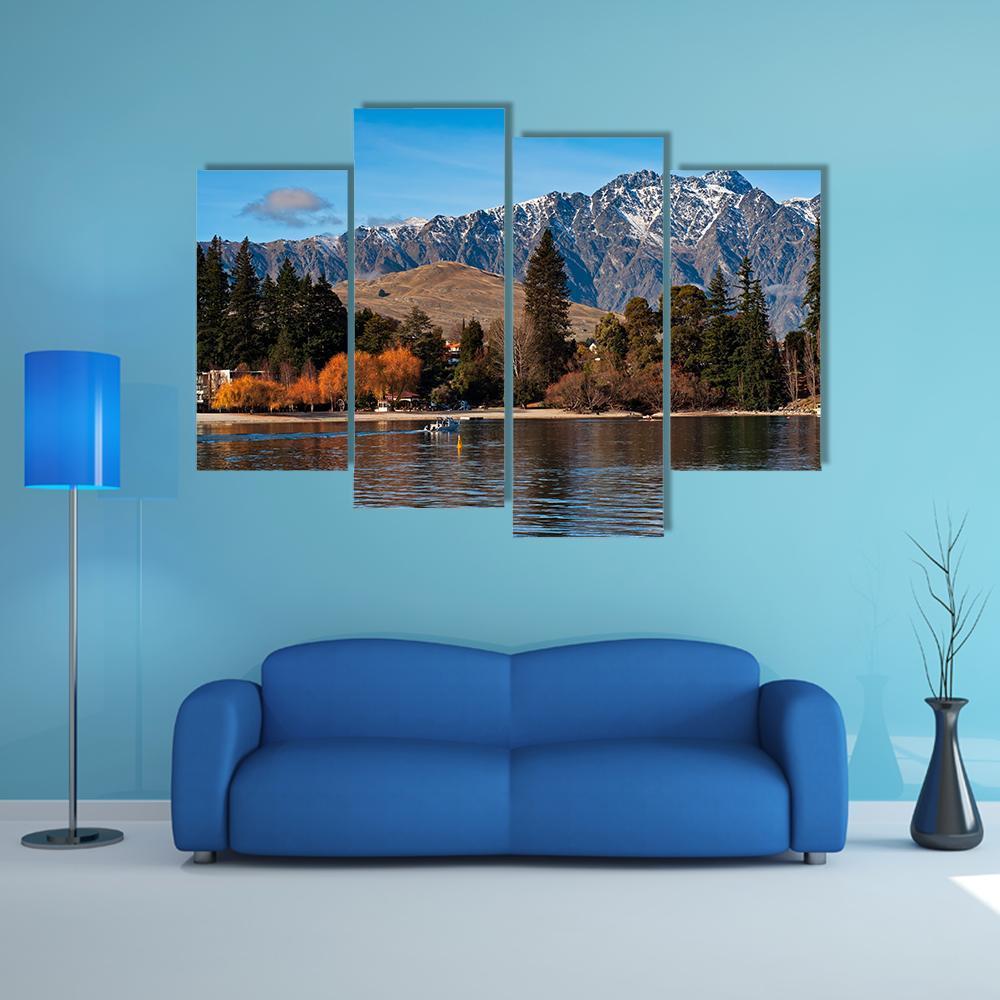 View Of Queenstown And Mt Remarkables With Lake Wakatipu Canvas Wall Art-4 Pop-Gallery Wrap-50" x 32"-Tiaracle