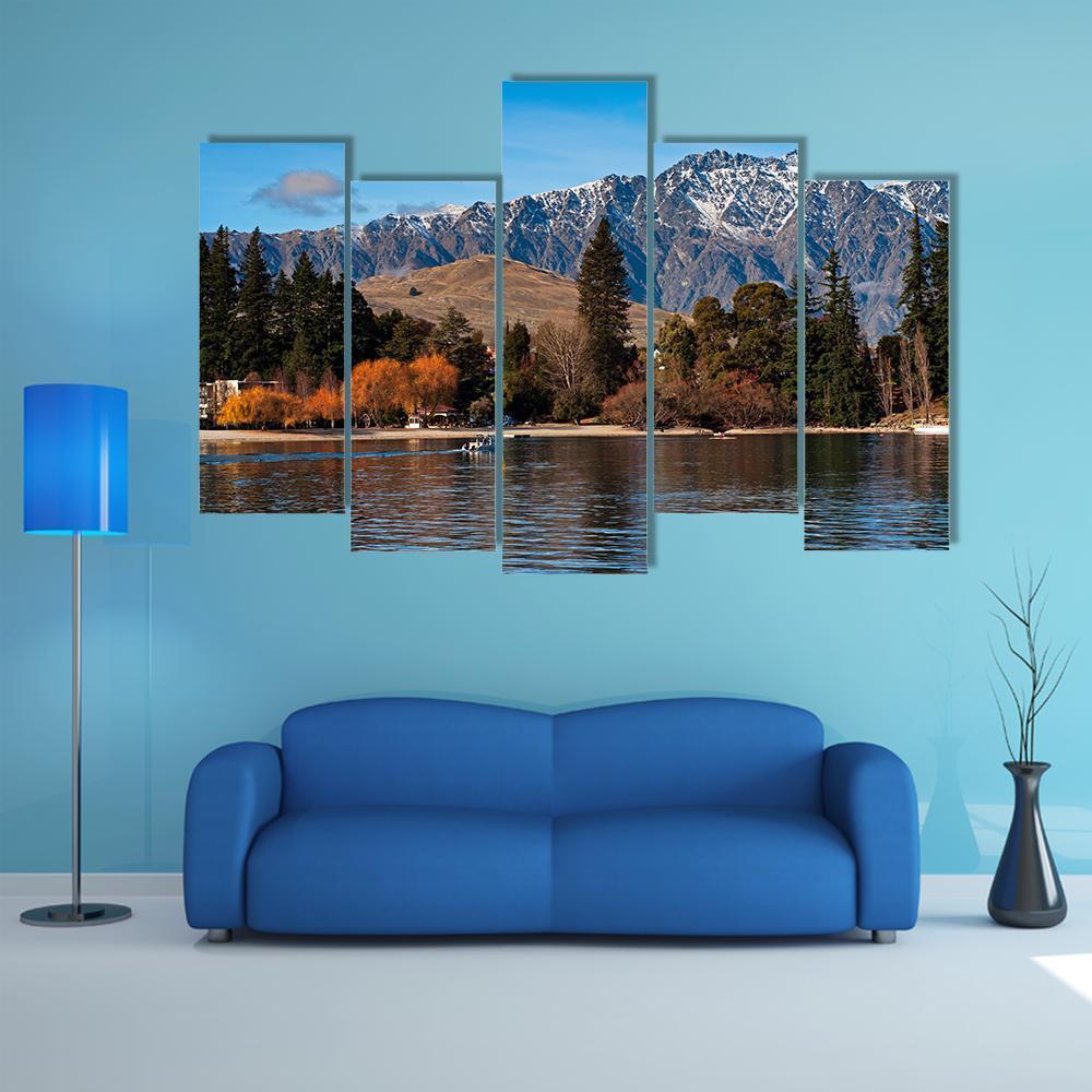 View Of Queenstown And Mt Remarkables With Lake Wakatipu Canvas Wall Art-5 Pop-Gallery Wrap-47" x 32"-Tiaracle