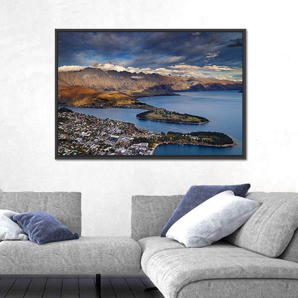 View Of Queenstown And Wakatipu Lake Panoramic Canvas Wall Art-1 Piece-36" x 12"-Tiaracle
