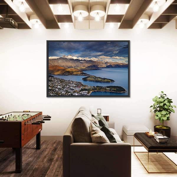 View Of Queenstown And Wakatipu Lake Panoramic Canvas Wall Art-1 Piece-36" x 12"-Tiaracle