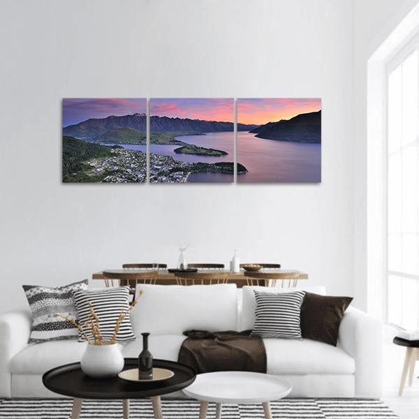 View Of Queenstown At Dusk Panoramic Canvas Wall Art-3 Piece-25" x 08"-Tiaracle