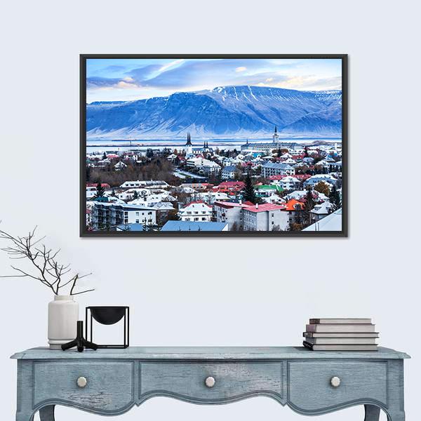 View Of Reykjavik City InIceland Canvas Wall Art-1 Piece-Floating Frame-24&quot; x 16&quot;-Tiaracle