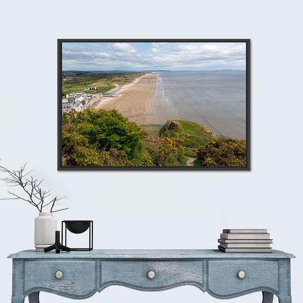 View Of Rhossili Bay Beach Canvas Wall Art-1 Piece-Floating Frame-24" x 16"-Tiaracle
