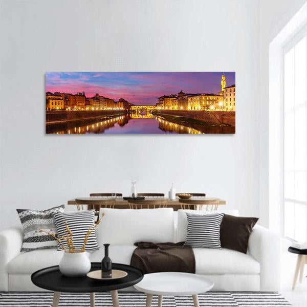 View Of River Arno At Sunset In Florence Panoramic Canvas Wall Art-3 Piece-25" x 08"-Tiaracle