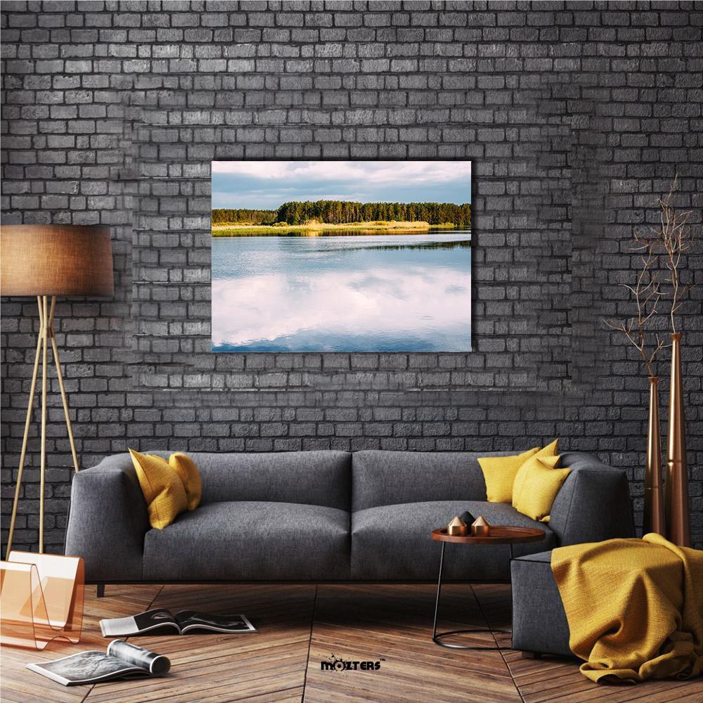 River Reflection in Forest Canvas Wall Art in white, green and blue, single panel hung on a wall