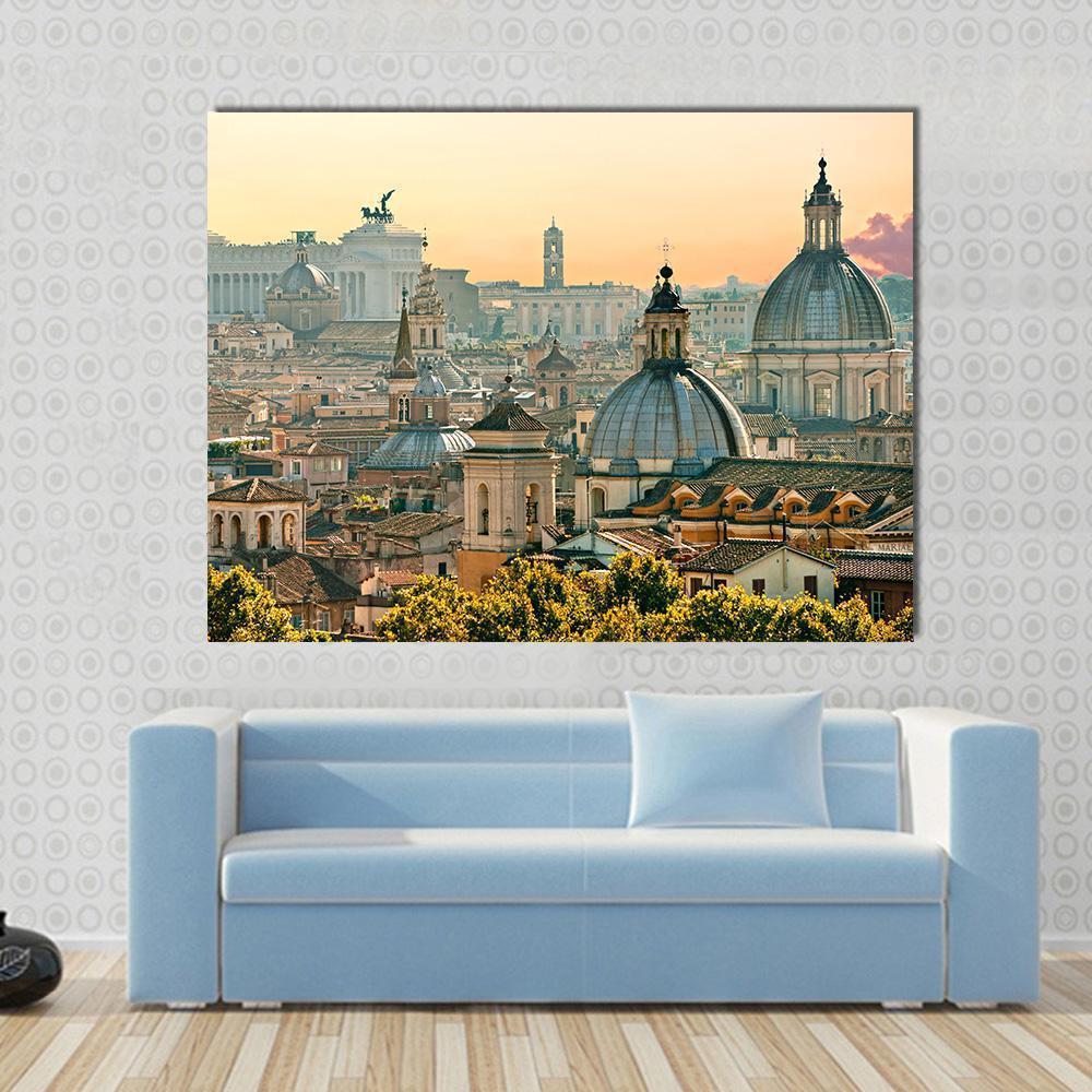 Rome Skyline from Castel Sant'angelo at Golden Hour Canvas Wall Art in beige, gold and yellow, single panel hung on a wall