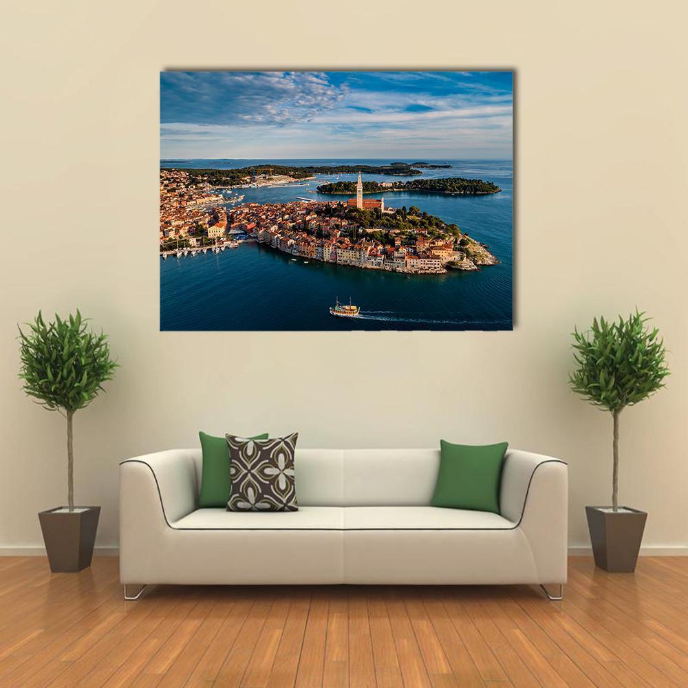 Rovinj Coastal Town at Sunset Canvas Wall Art in brown, orange and blue, single panel hung on a wall