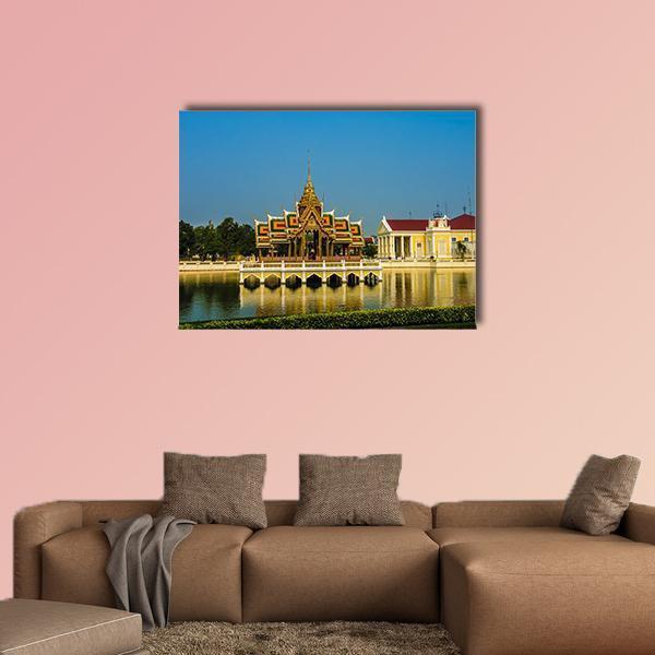 Bang Pa-in Royal Summer Palace View Canvas Wall Art in yellow, green and blue, single panel hung on a wall