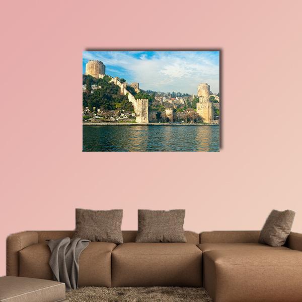 Rumeli Fortress in Istanbul Canvas Wall Art in beige, green and blue, single panel hung on a wall