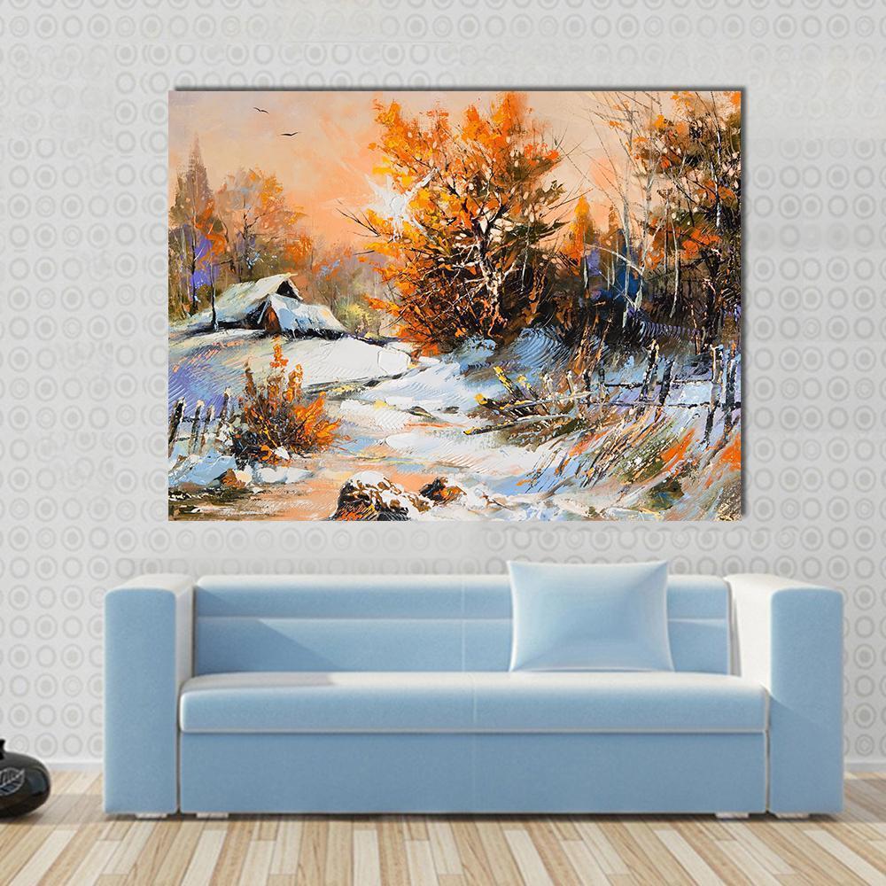 Rural Winter Landscape Canvas Wall Art in white, brown and orange, single panel hung on a wall