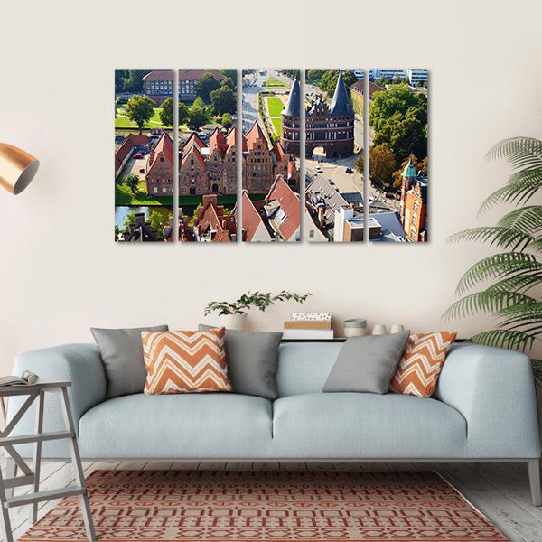 View Of Salzspeicher And Holstentor Gate In Lubeck Canvas Wall Art-5 Horizontal-Gallery Wrap-22" x 12"-Tiaracle