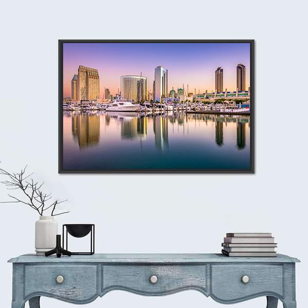 View Of San Diego Cityscape At Night Canvas Wall Art-1 Piece-Floating Frame-24" x 16"-Tiaracle
