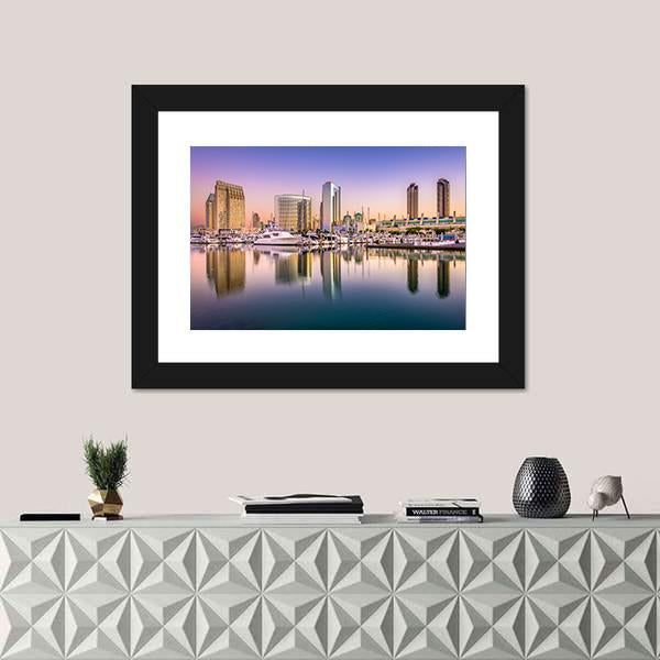 View Of San Diego Cityscape At Night Canvas Wall Art-1 Piece-Framed Print-20" x 16"-Tiaracle